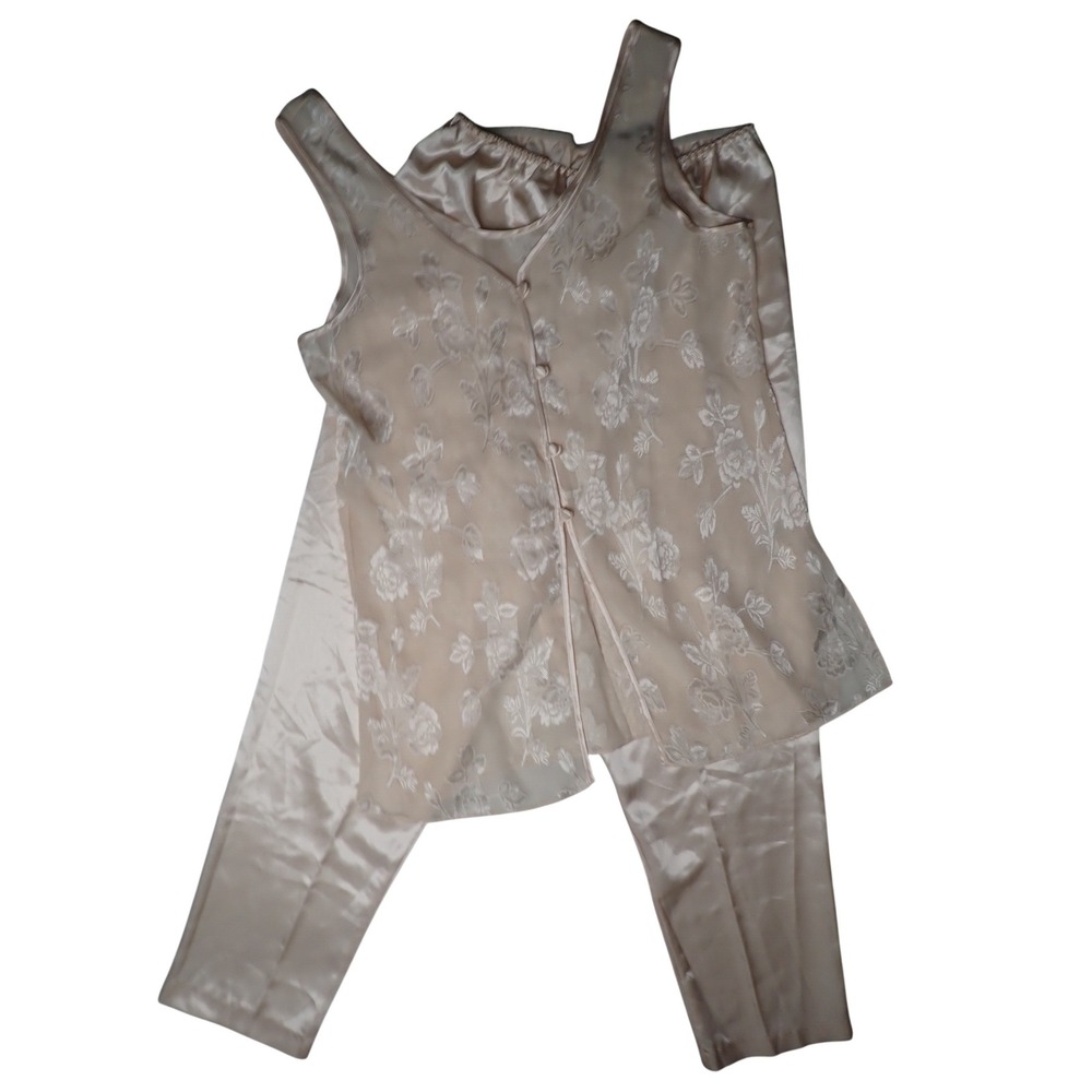 Unbranded Women's Vintage Pajama Set Cream Floral Sheer Vest Satin Pants Large